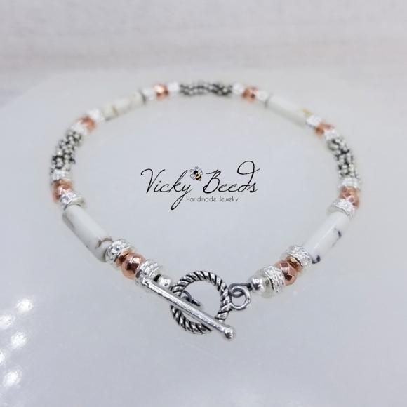 White Turquoise Beaded Gemstone Toggle Bracelet - Picture 8 of 8